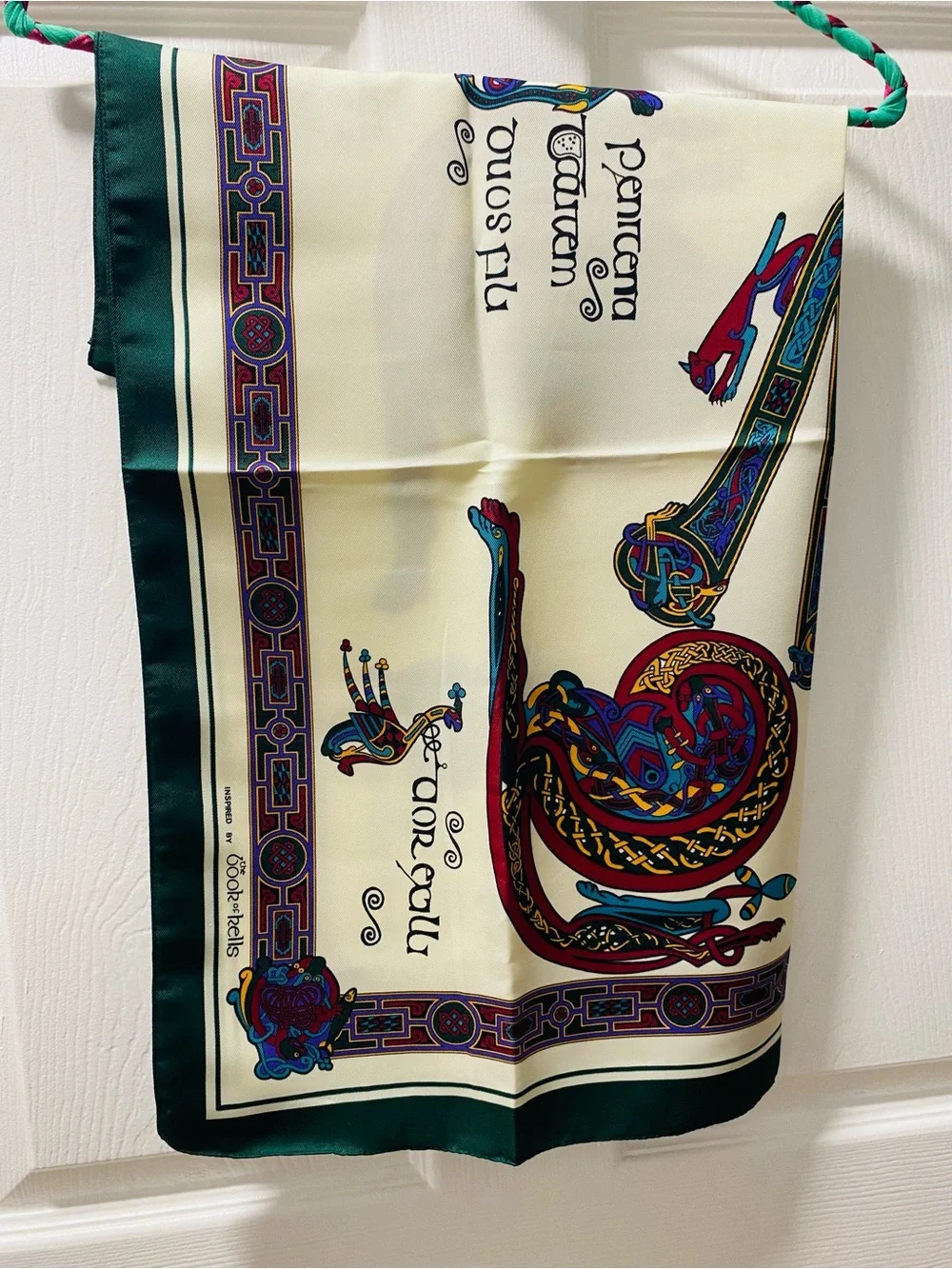 Celtic Dragon Scarf in Ivory, Green, Red, Blue inspired by the Book of Kells.